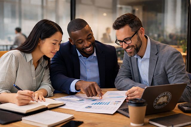 3 students learning at table