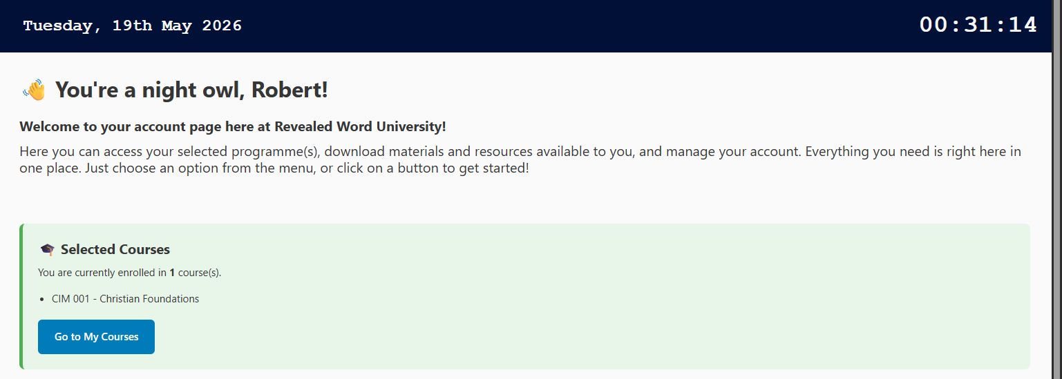screenshot of course selected