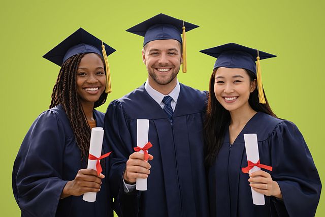 three students at graduation