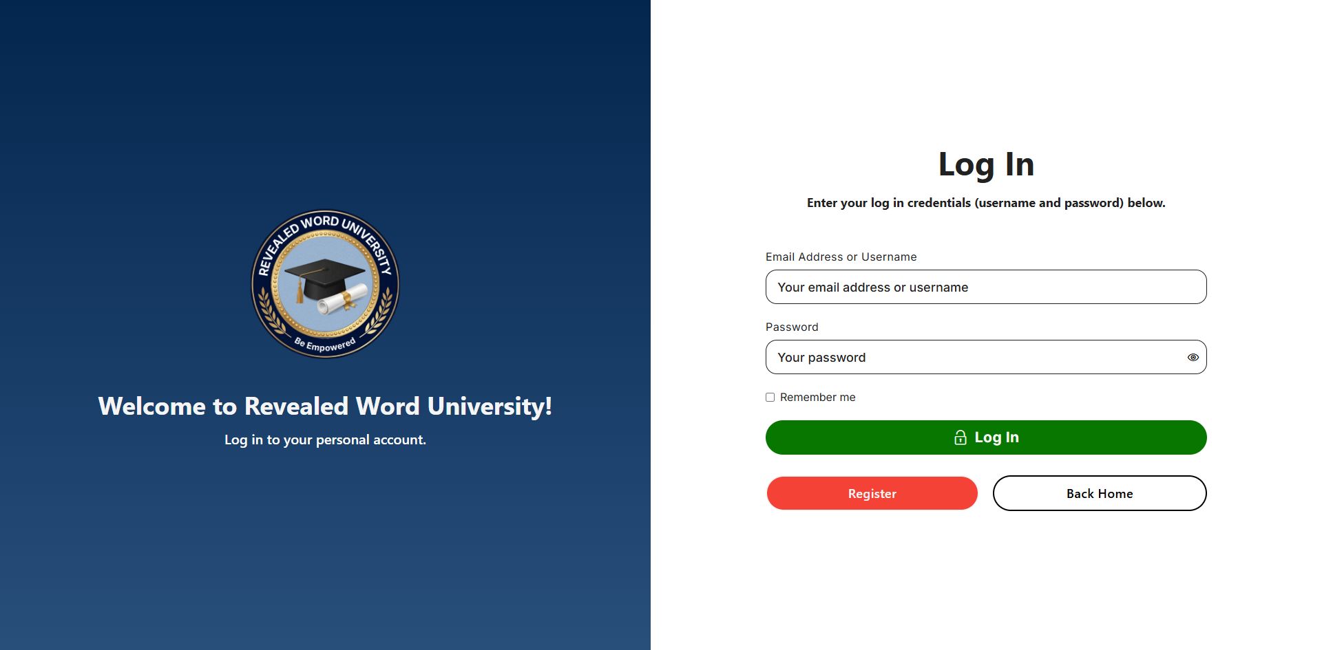 screenshot of the login screen