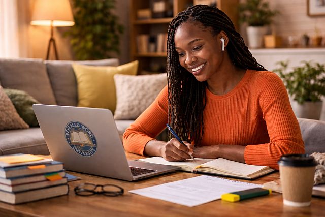 female student learning at home