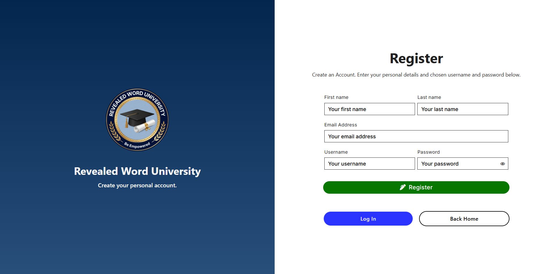 screenshot of the registration screen