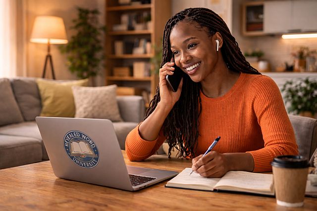 student in living room on phone